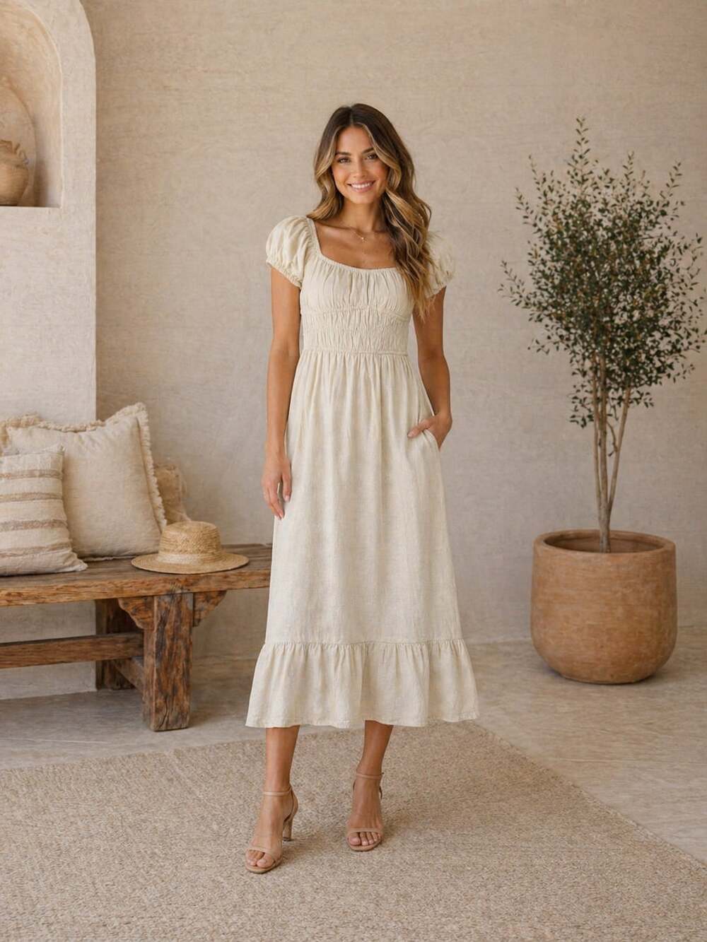 Sim & Sam Cream Smocked Puff Sleeve Midi Dress Cottagecore Size XS